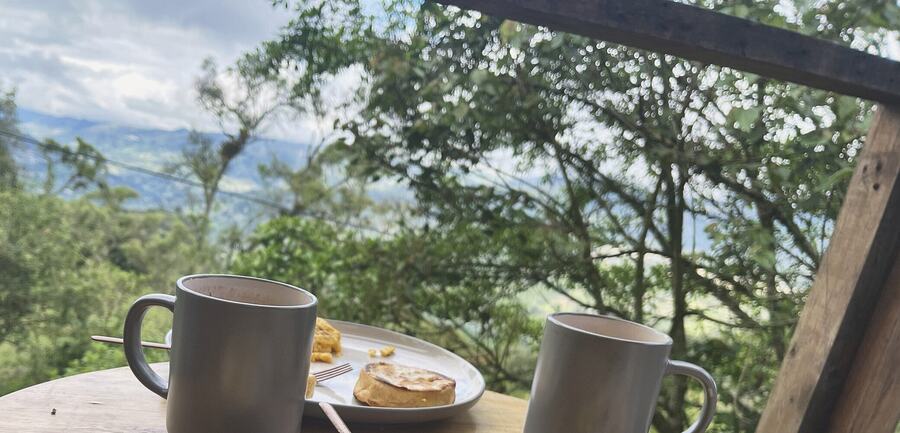 Desayuno servido en una mesa de madera con vista a la montaña